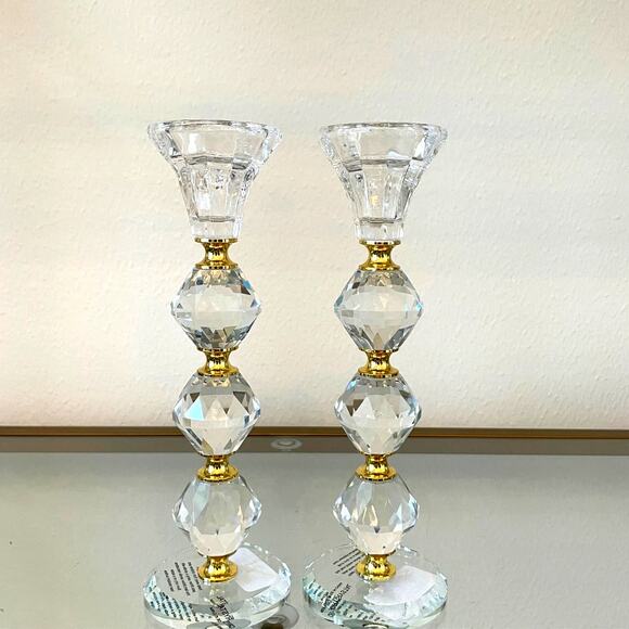 Faceted Crystal & Brass Candlestick Holders 9in Set of 2 Baroque Style NEW - Picture 10 of 10
